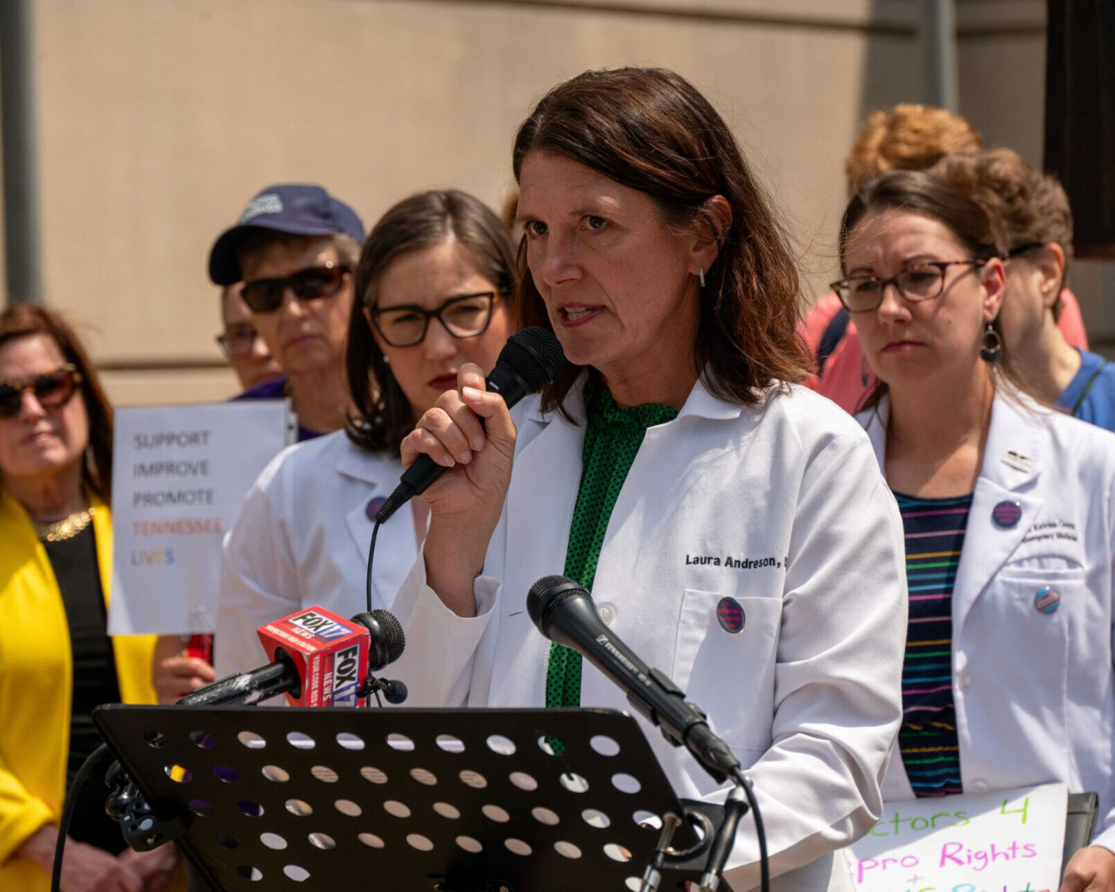 Dr. Laura Andreson speaks at a rally outside the Justice A. A. Birch Building in Nashville, June 23, 2023